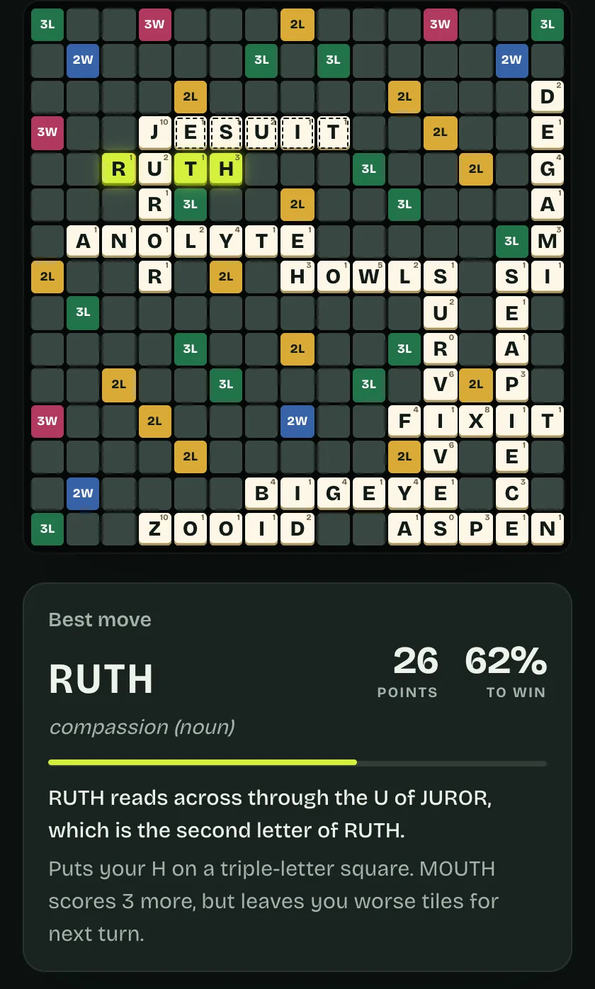 Next Tile on a Crossplay board: RUTH highlighted, 26 points, 62% to win